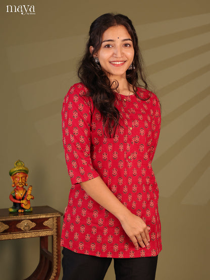 Floral Printed Red Cotton Short Kurti - Shop on Shrus.com