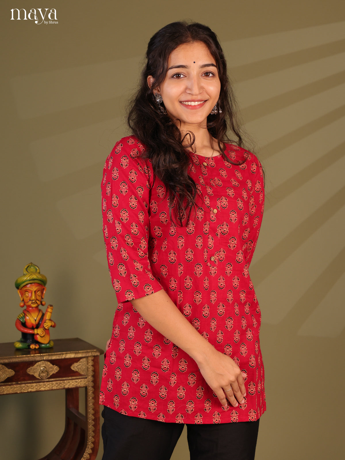 Floral Printed Red Cotton Short Kurti