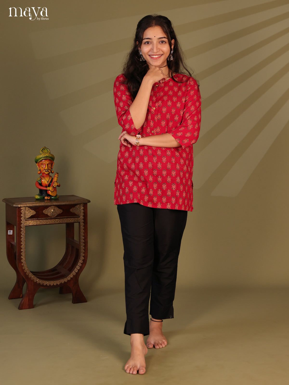 Floral Printed Red Cotton Short Kurti