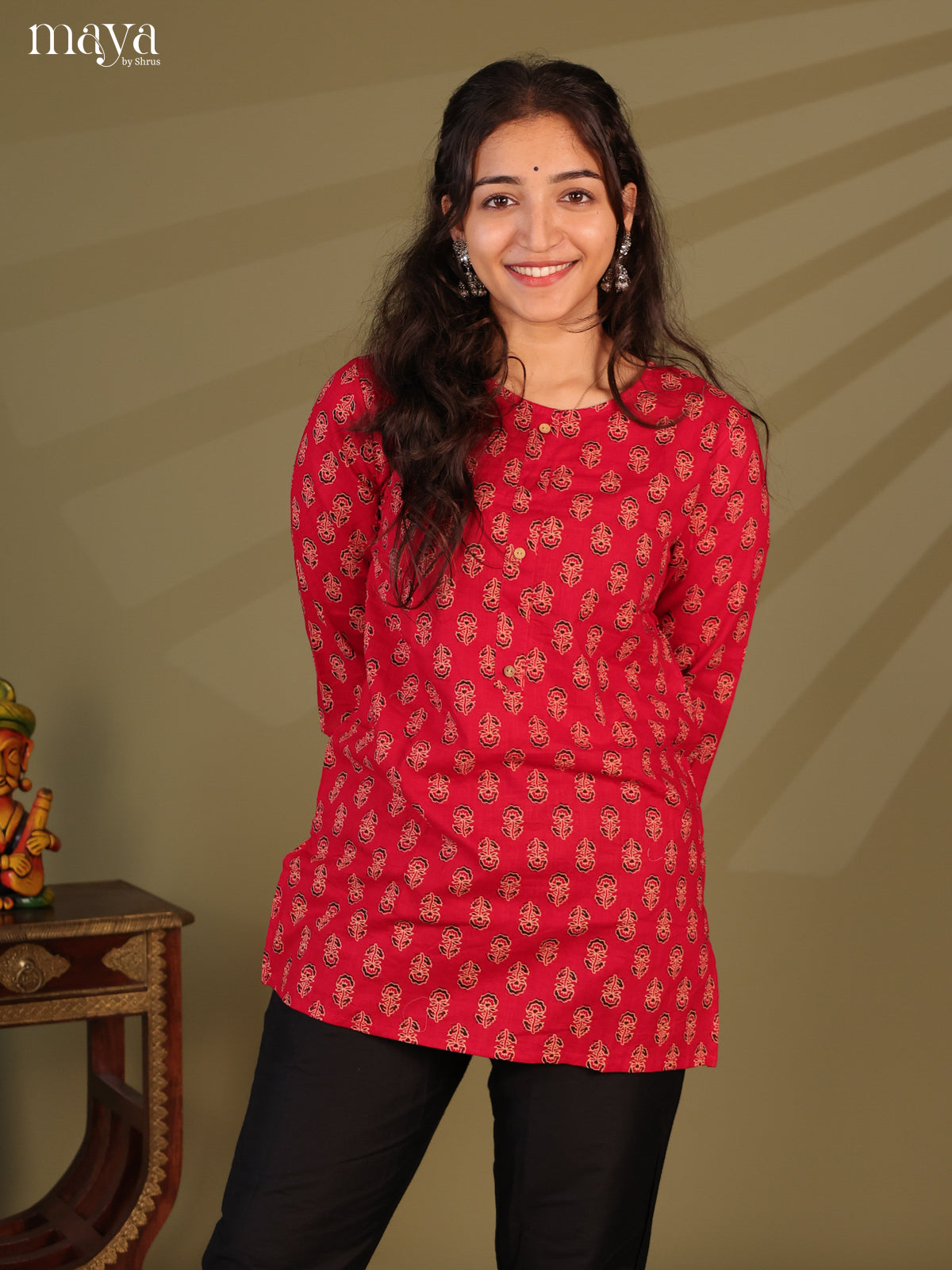 Floral Printed Red Cotton Short Kurti