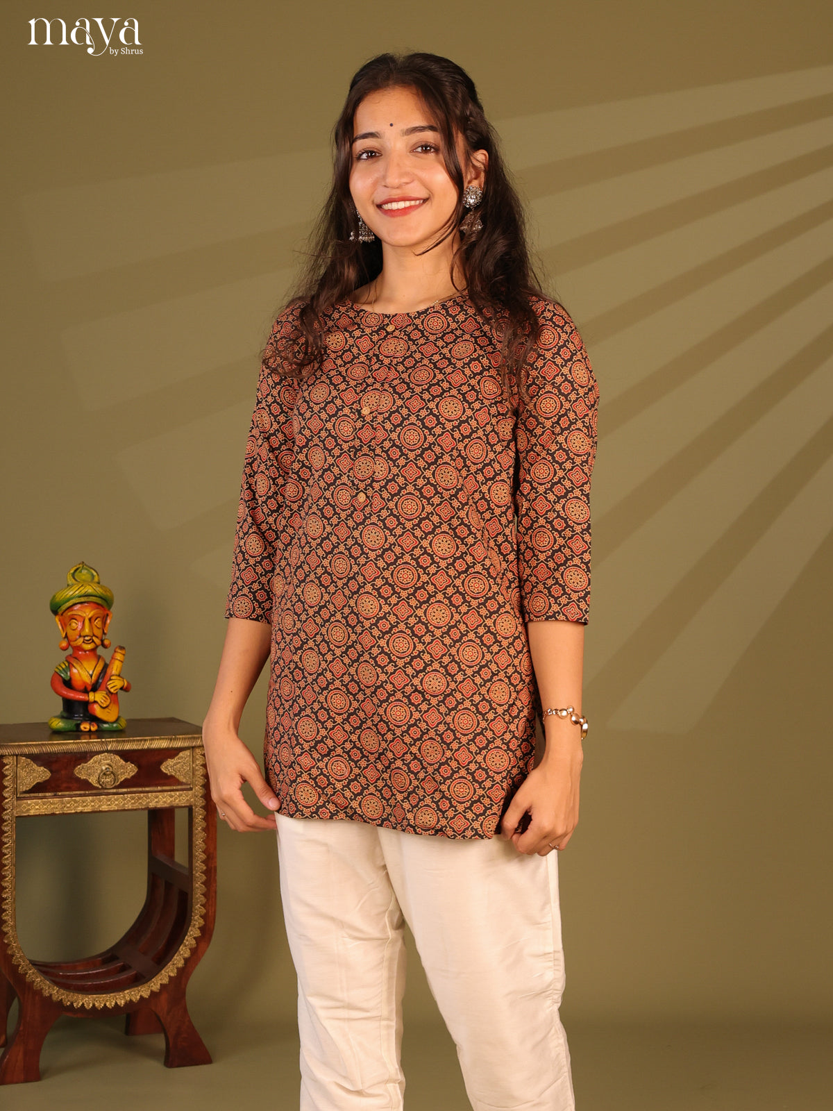 Floral Printed Black Cotton Short Kurti
