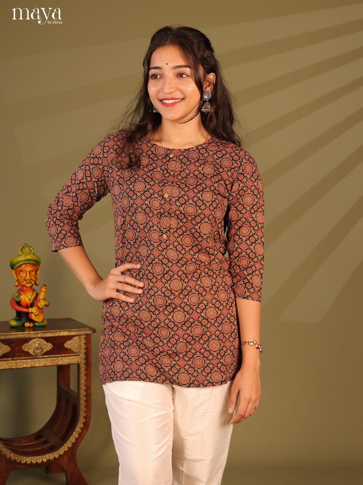 Floral Printed Black Cotton Short Kurti