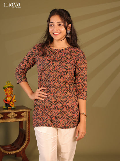 Floral Printed Black Cotton Short Kurti
