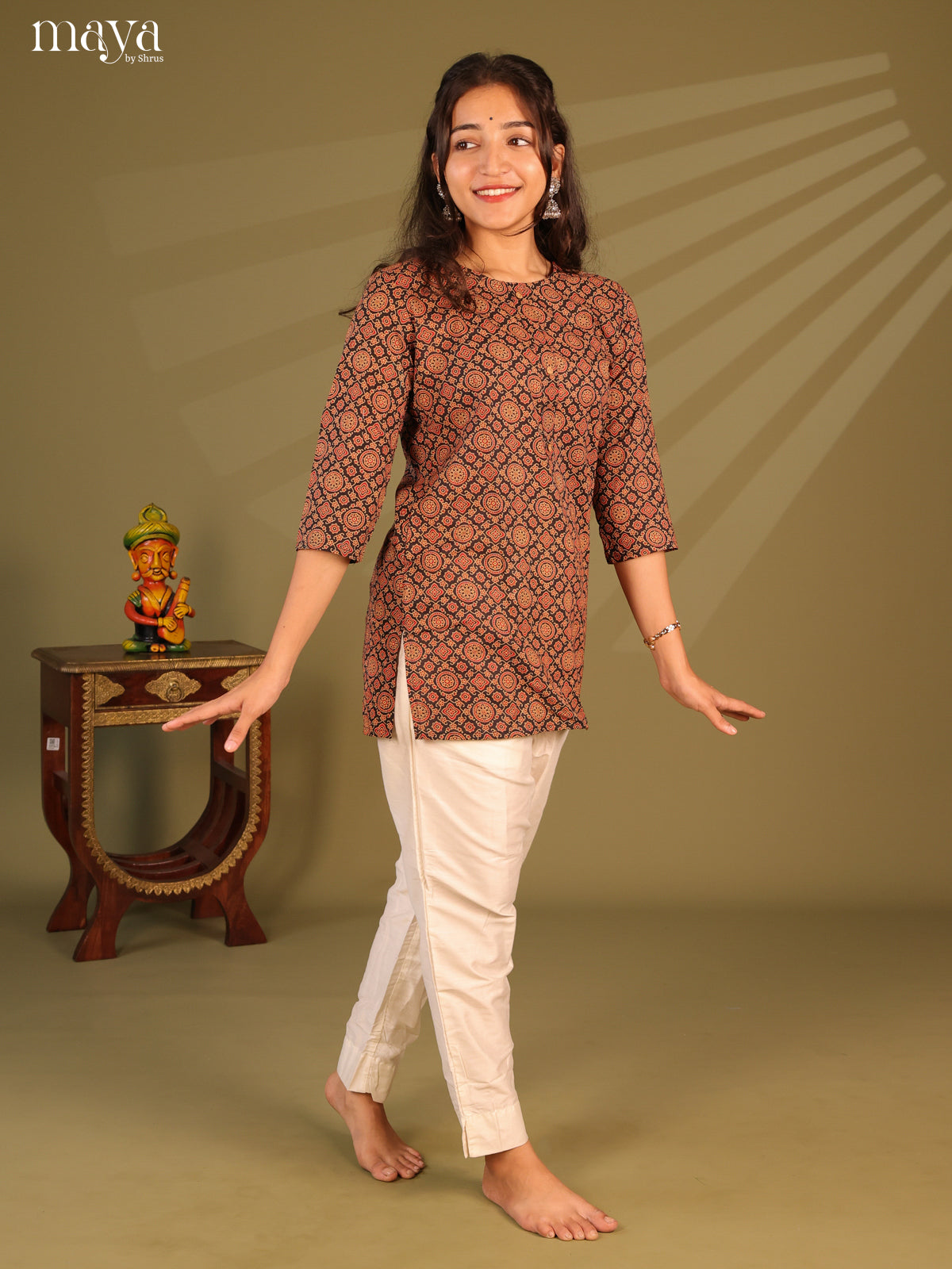 Floral Printed Black Cotton Short Kurti