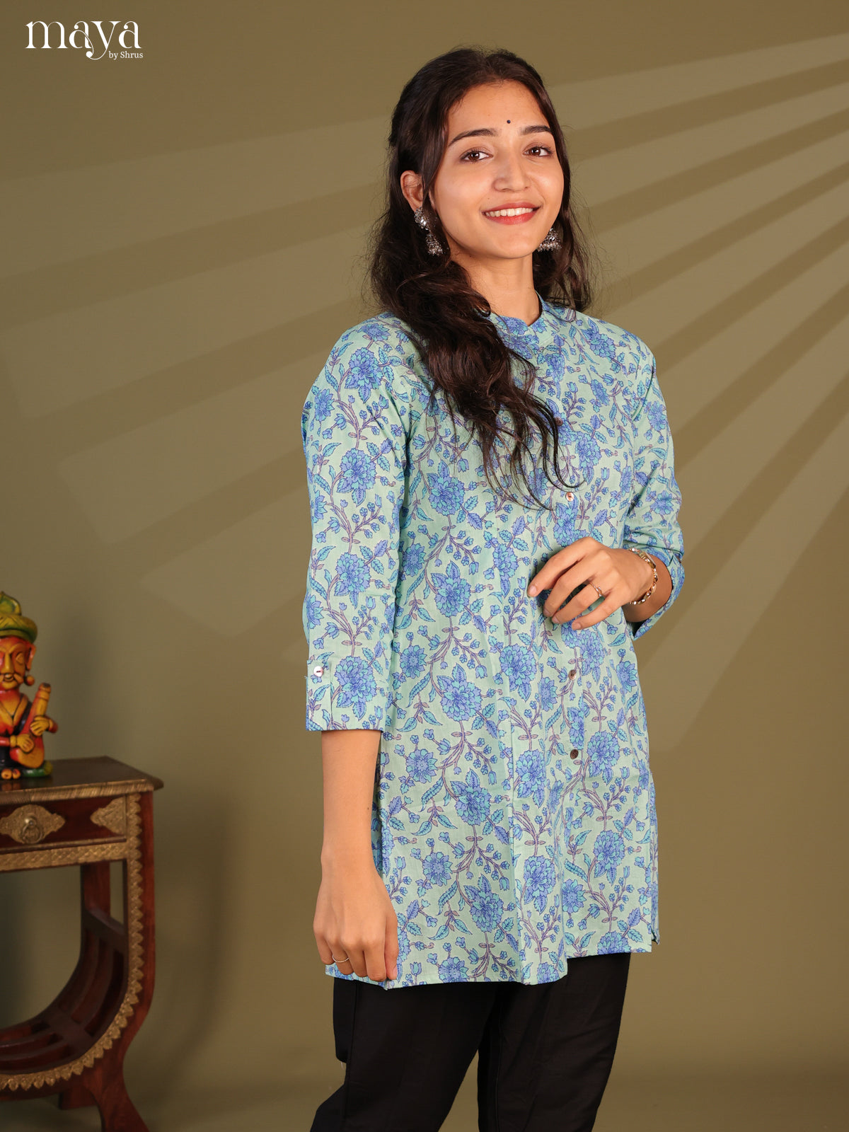 Floral Printed Blue Cotton Short Kurti