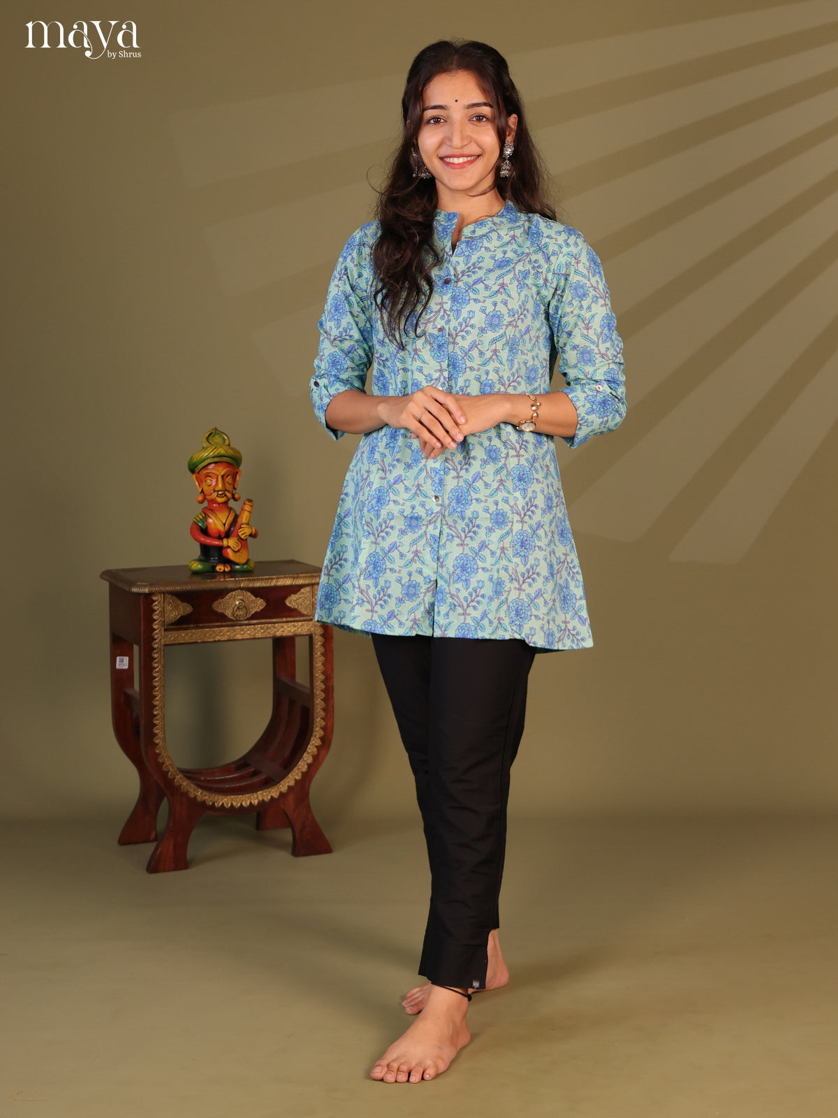 Floral Printed Blue Cotton Short Kurti