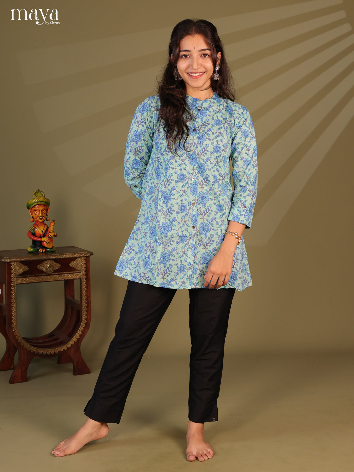 Floral Printed Blue Cotton Short Kurti