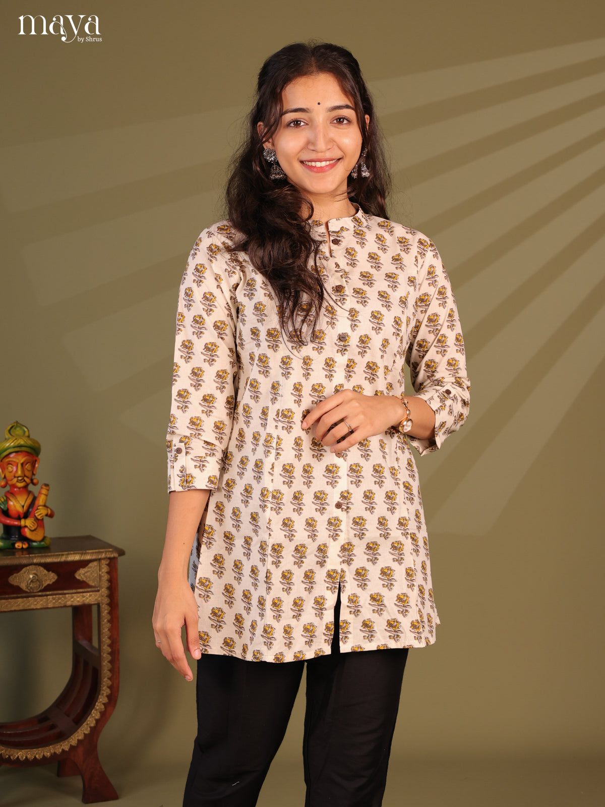 Floral Printed Off White Cotton Short Kurti
