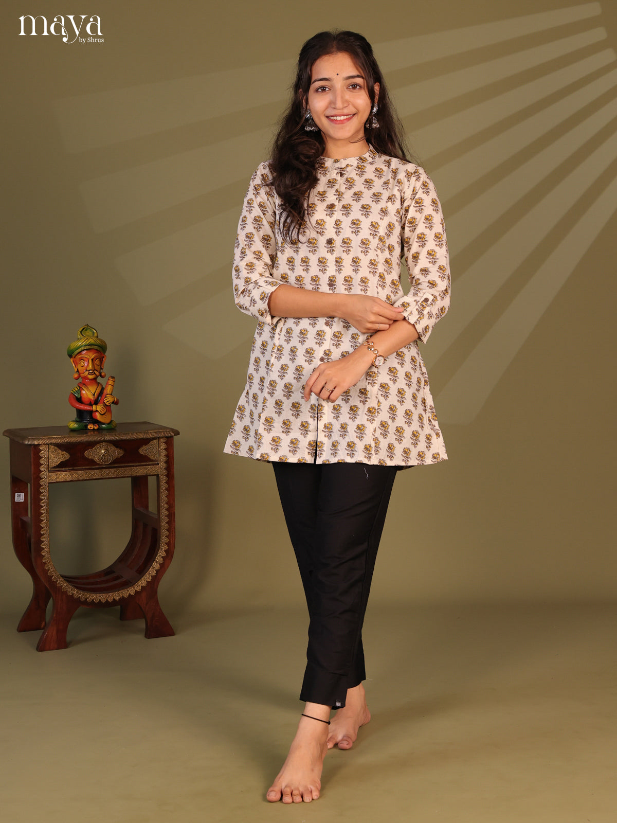 Floral Printed Off White Cotton Short Kurti