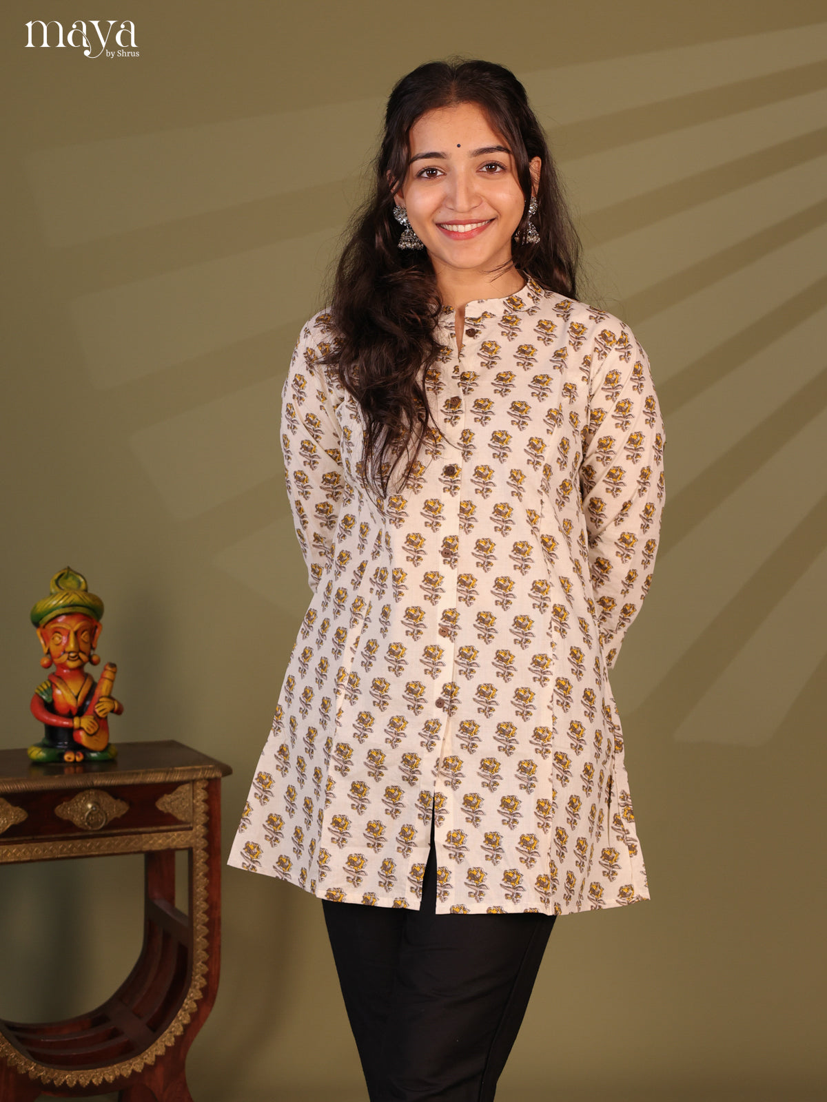 Floral Printed Off White Cotton Short Kurti