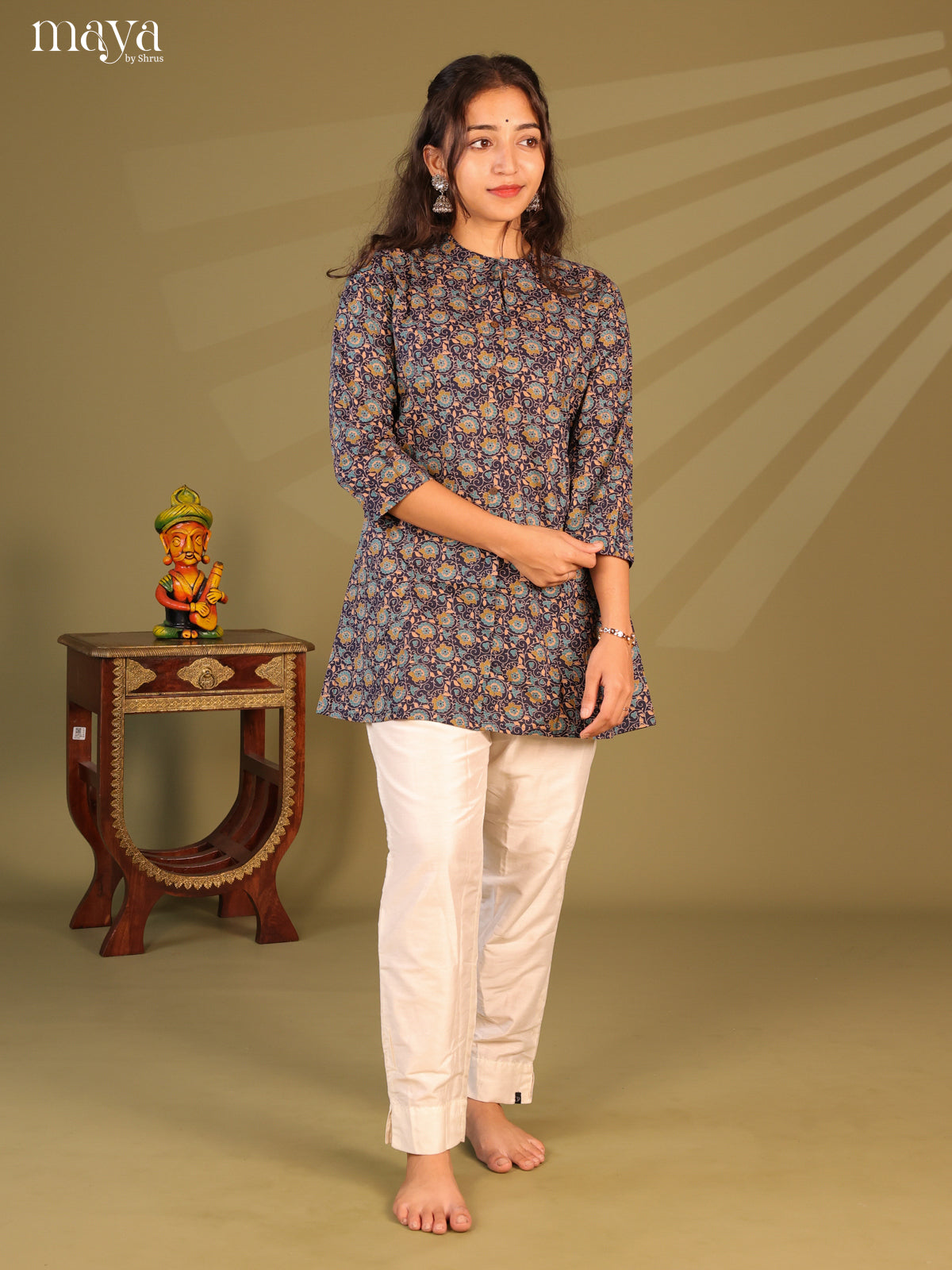Floral Printed Blue Cotton Short Kurti