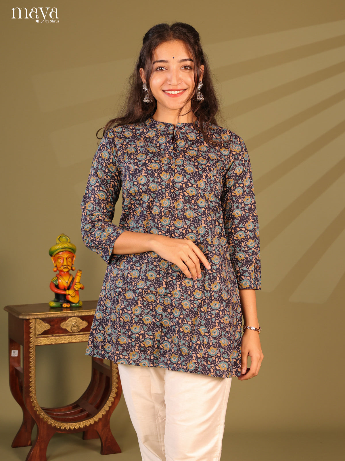 Floral Printed Blue Cotton Short Kurti