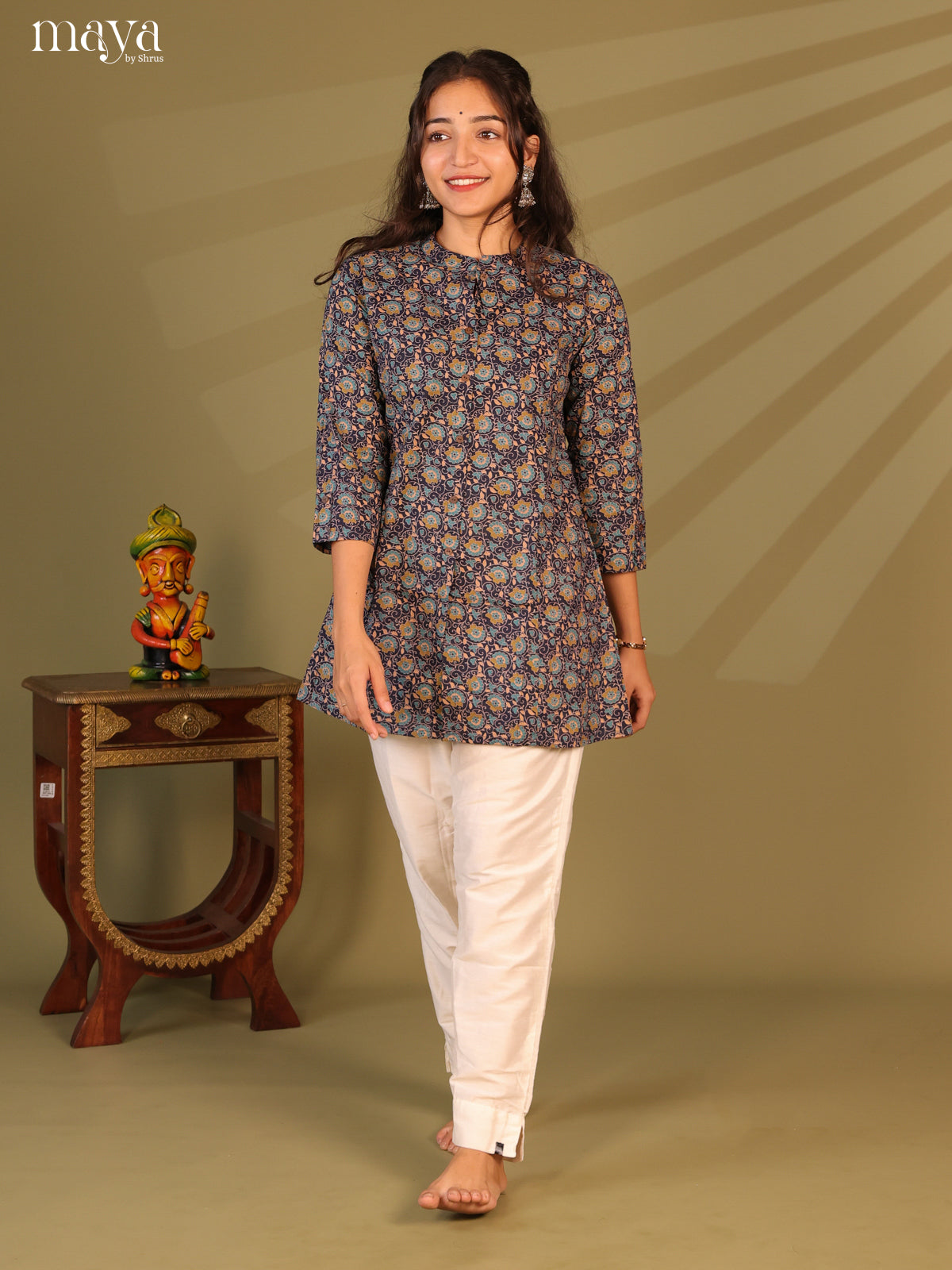 Floral Printed Blue Cotton Short Kurti