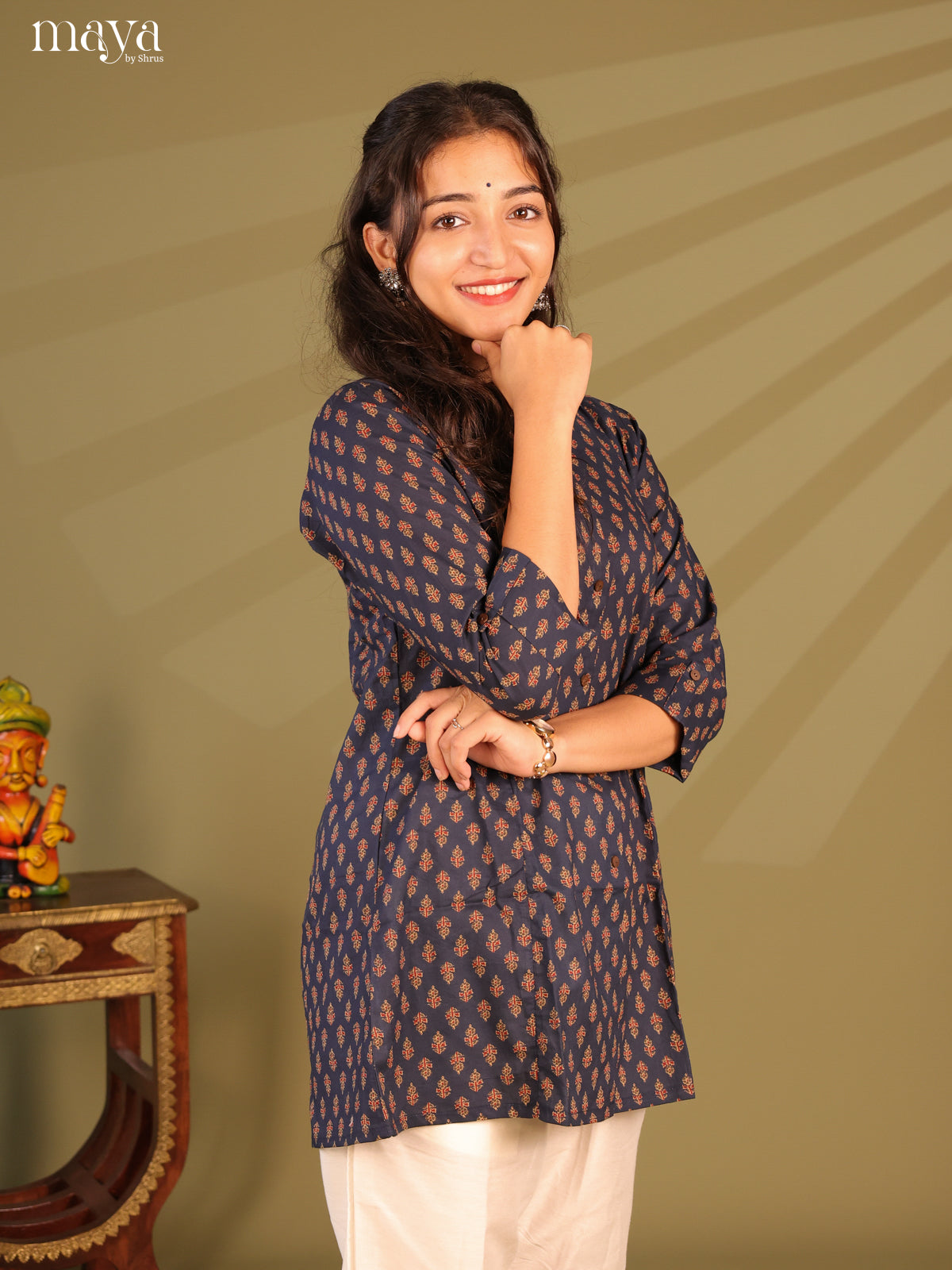 Floral Printed Blue Cotton Short Kurti