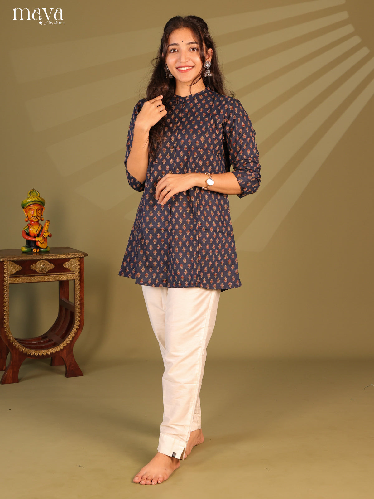 Floral Printed Blue Cotton Short Kurti