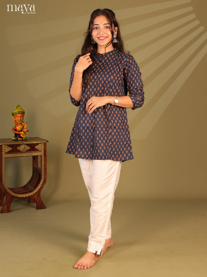 Floral Printed Blue Cotton Short Kurti