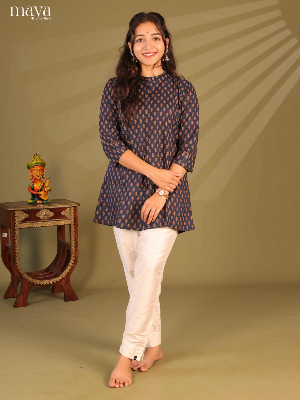 Floral Printed Blue Cotton Short Kurti