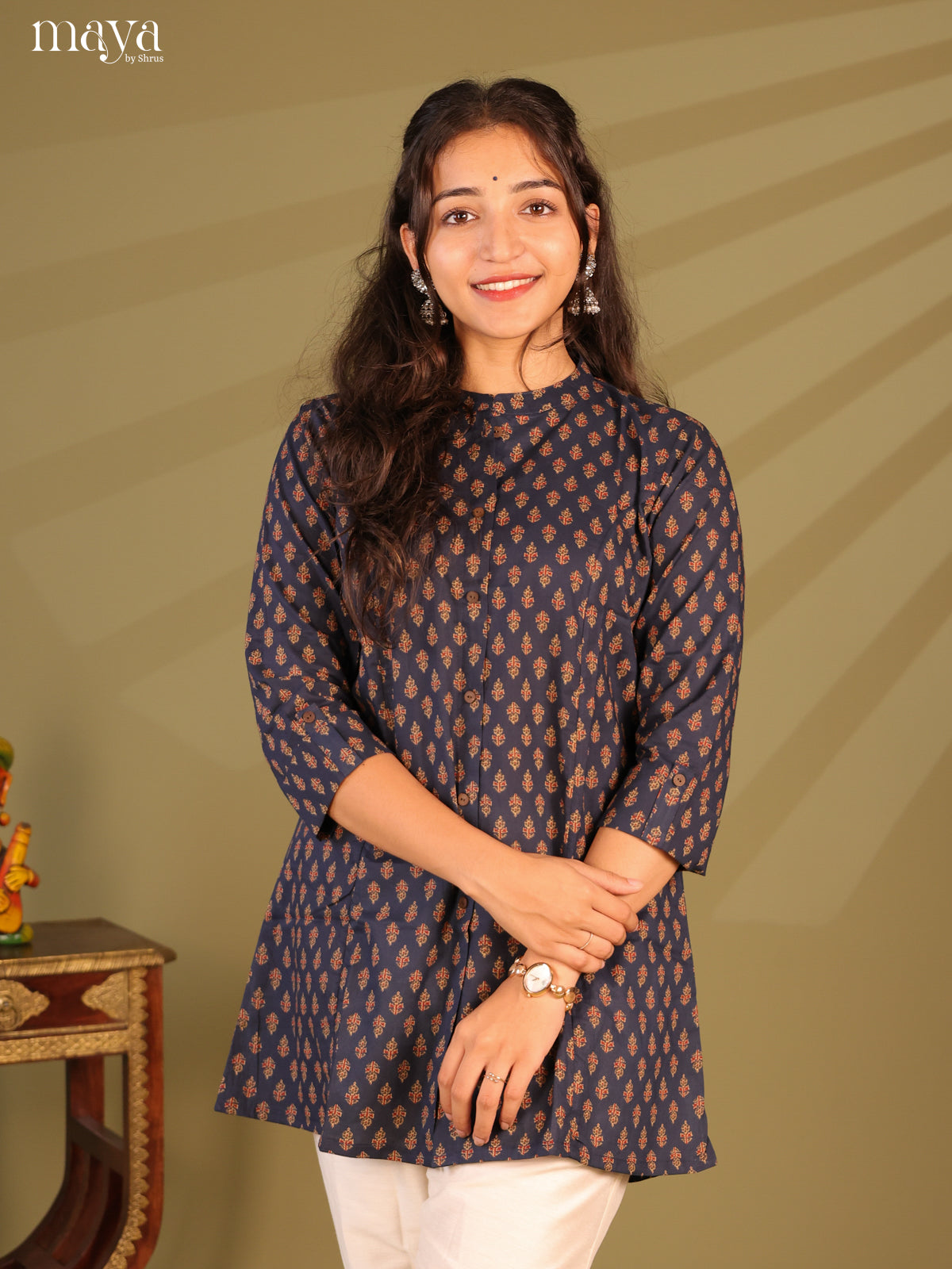 Floral Printed Blue Cotton Short Kurti