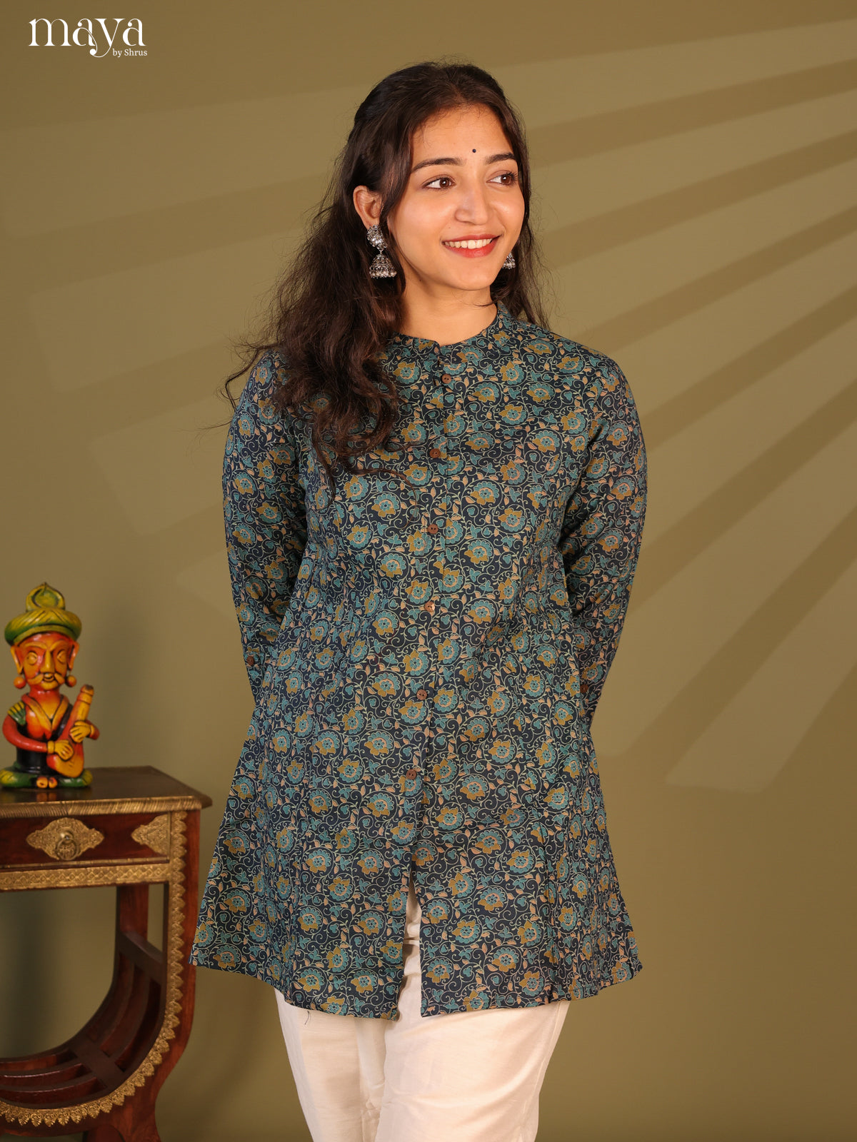 Floral Printed Blue Cotton Short Kurti