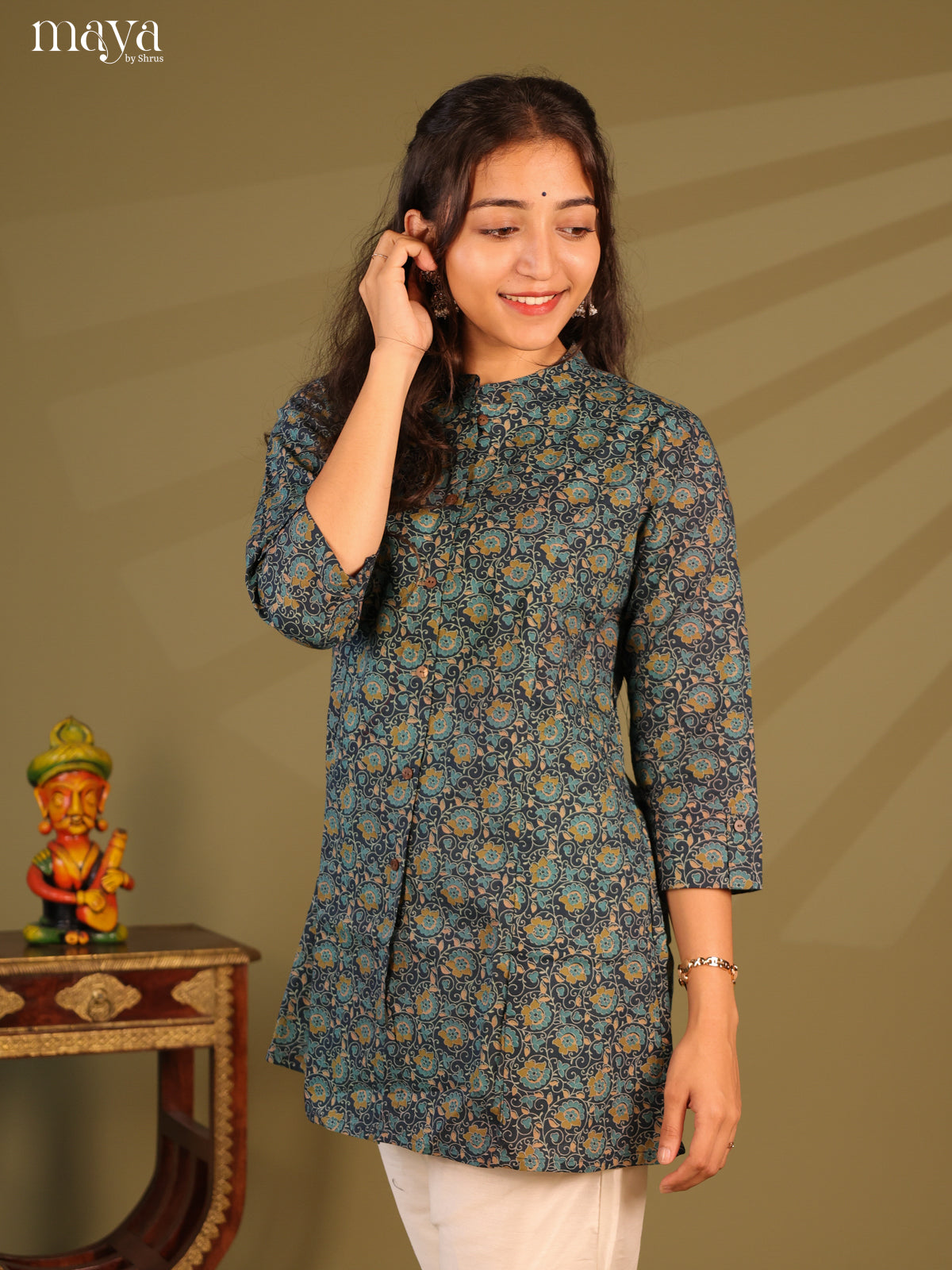 Floral Printed Blue Cotton Short Kurti