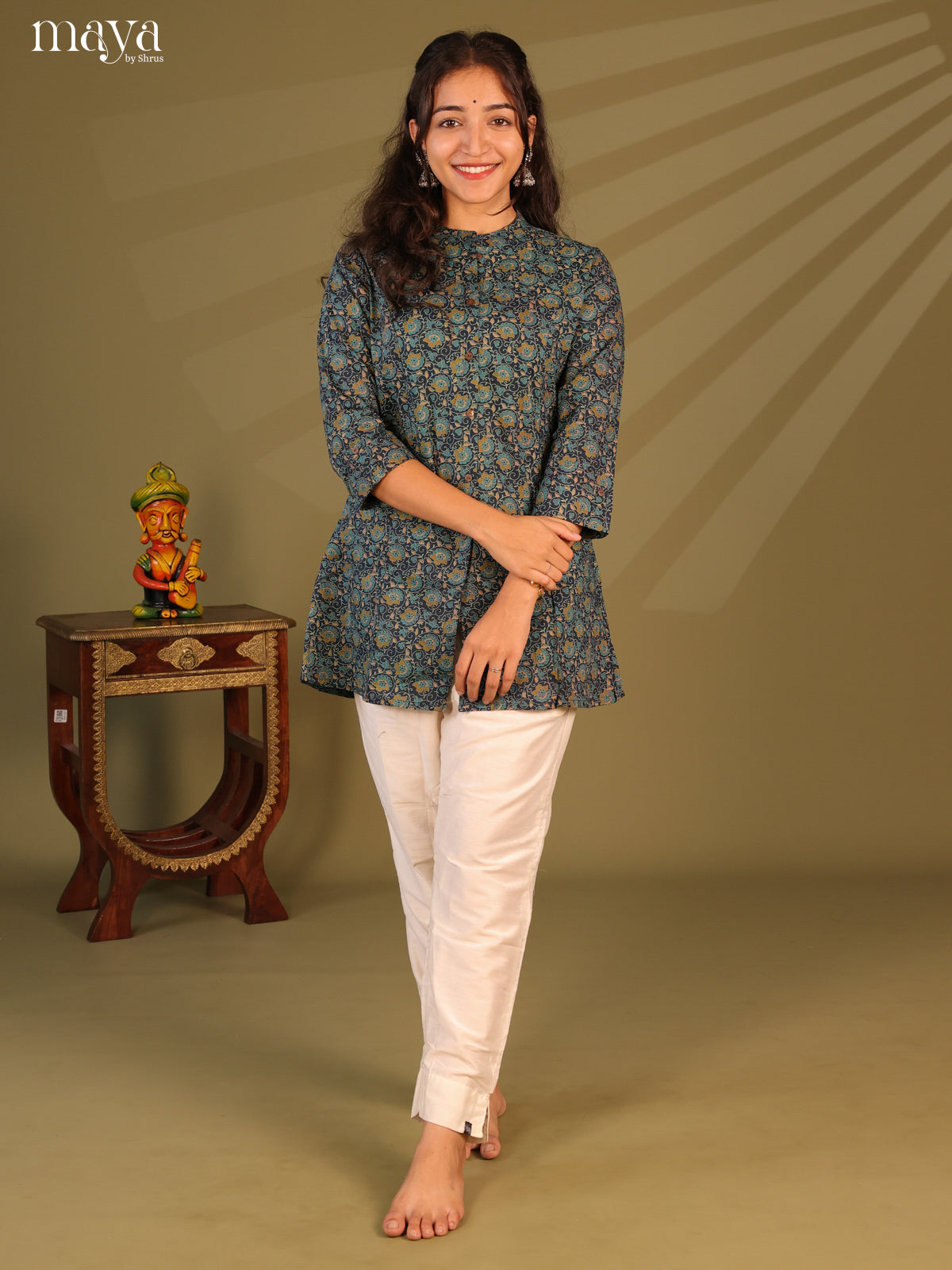 Floral Printed Blue Cotton Short Kurti