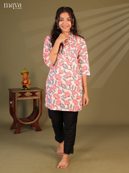 Floral Printed White Rayon Short Kurti