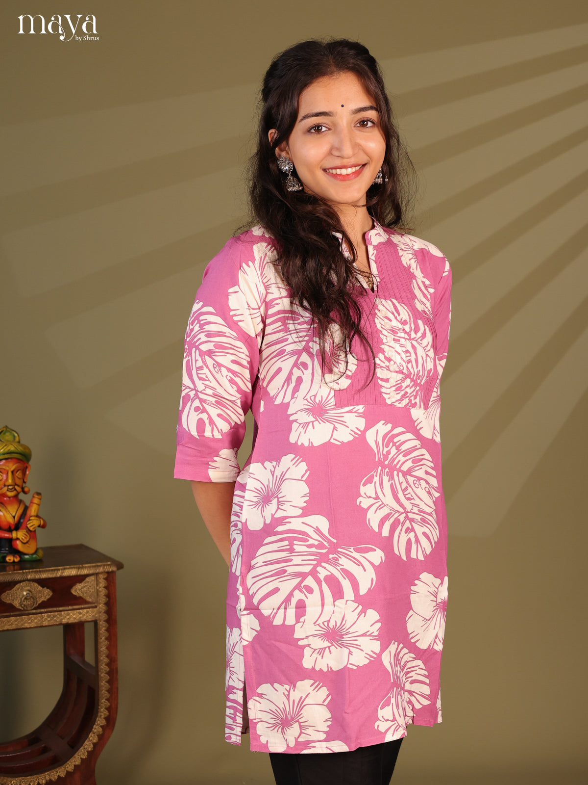 Floral Printed Pink Rayon Short Kurti