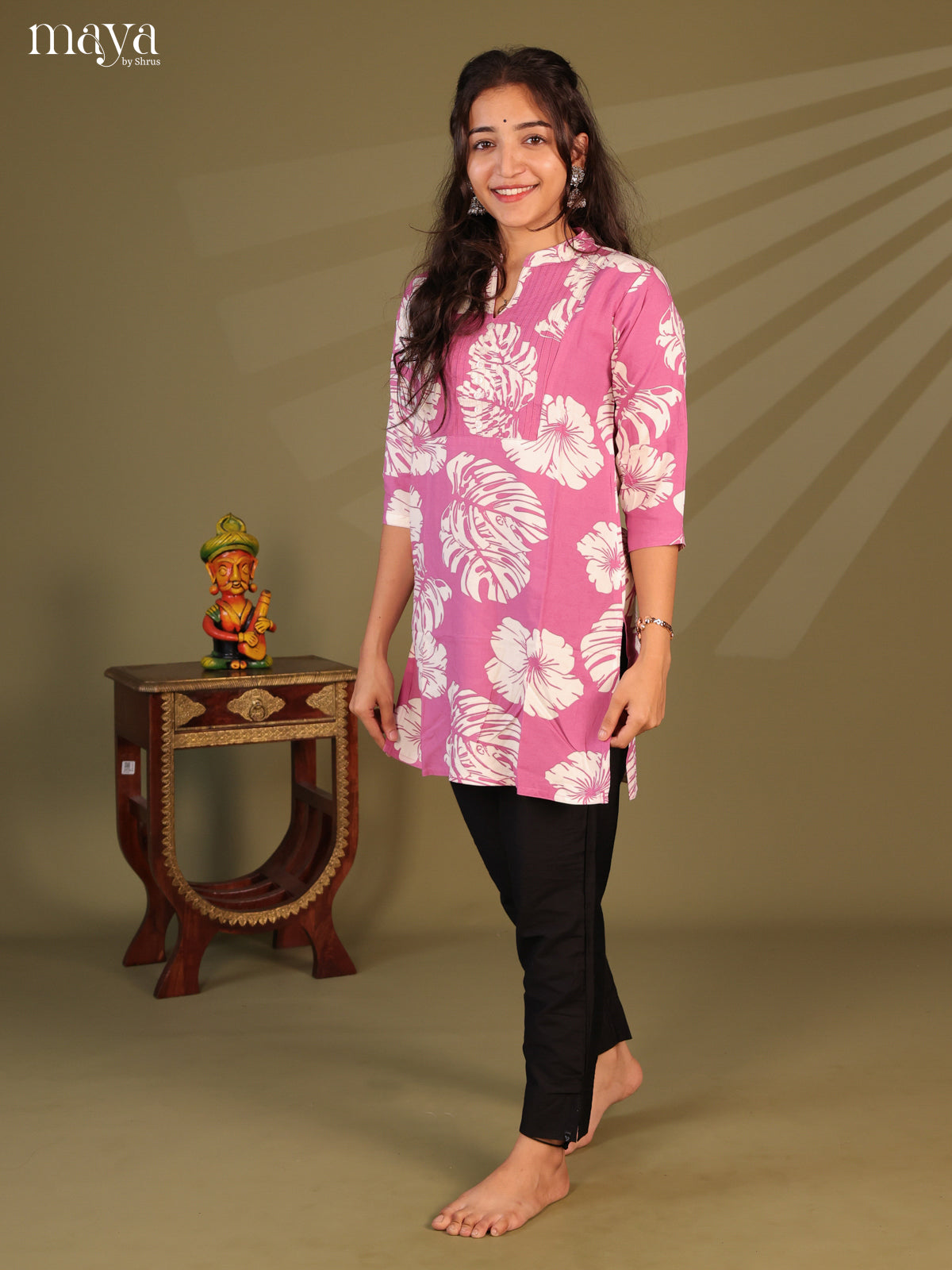 Floral Printed Pink Rayon Short Kurti