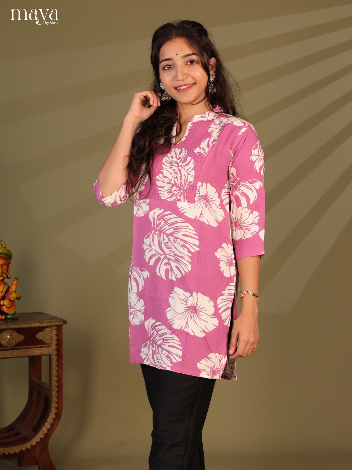 Floral Printed Pink Rayon Short Kurti