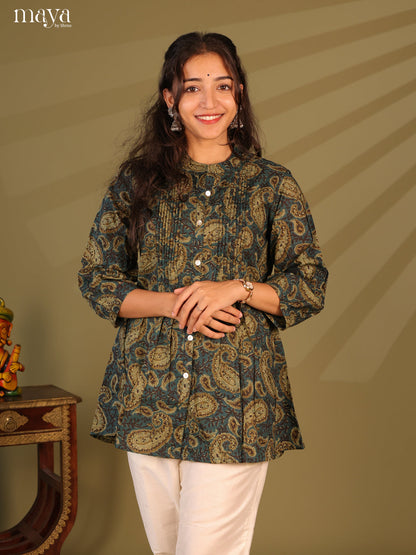 Floral Printed Blue Cotton Short Kurti