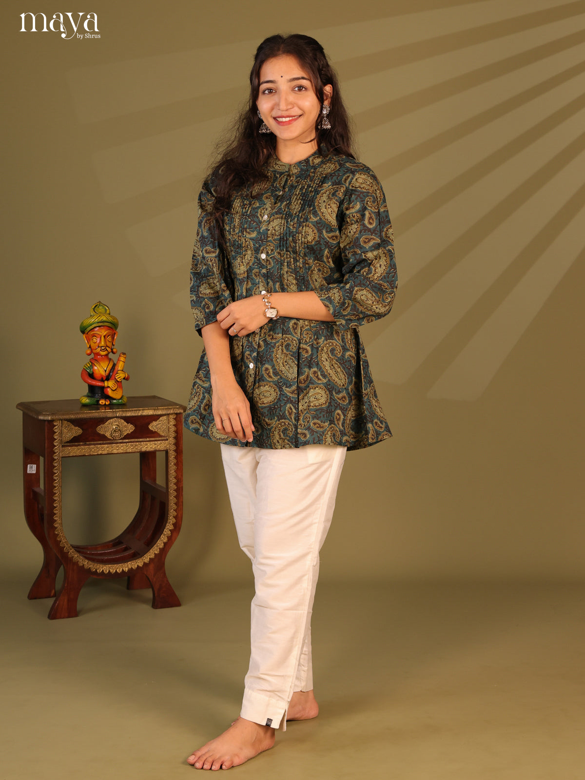 Floral Printed Blue Cotton Short Kurti