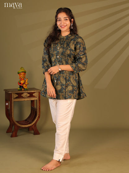 Floral Printed Blue Cotton Short Kurti