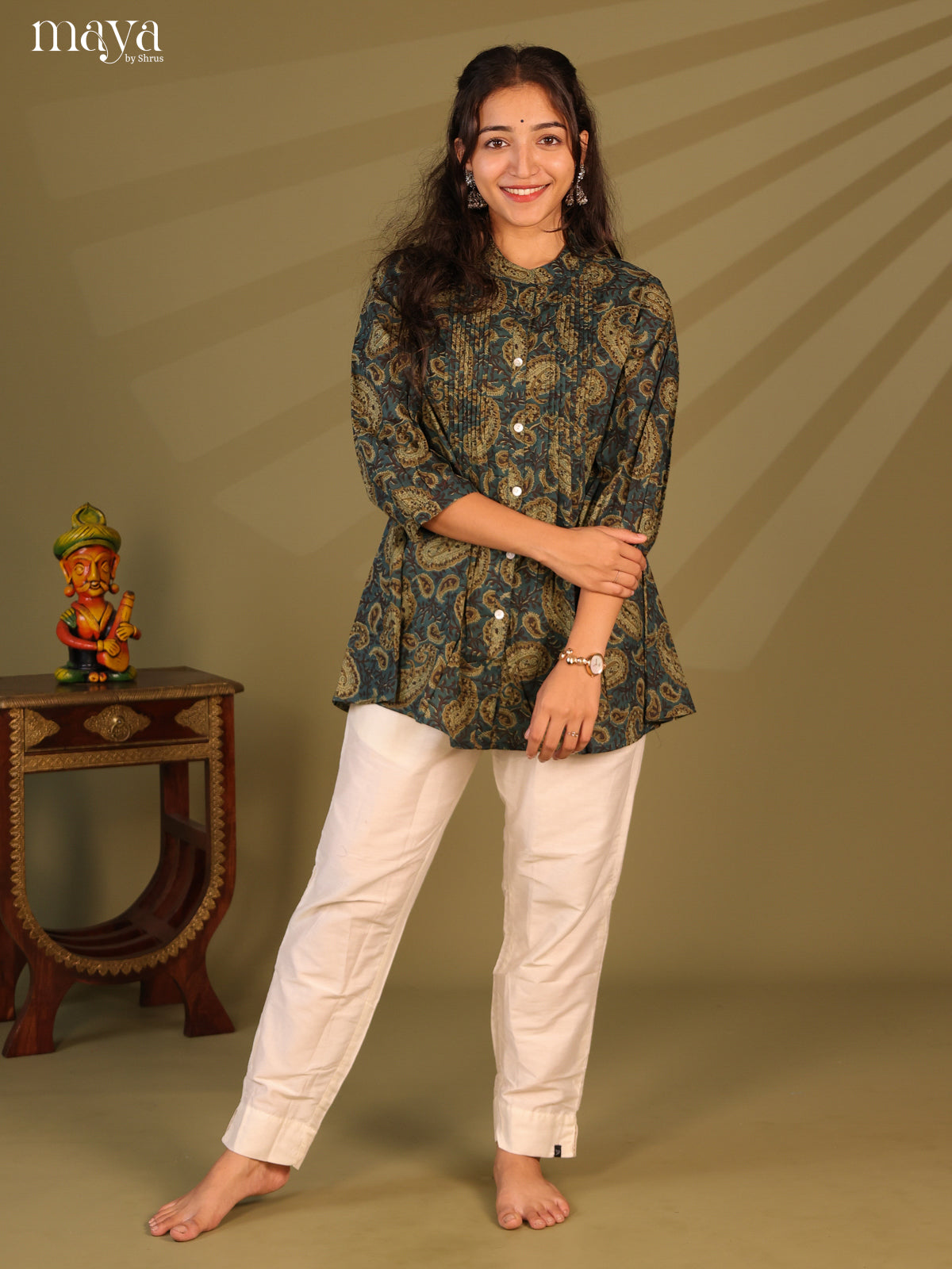 Floral Printed Blue Cotton Short Kurti