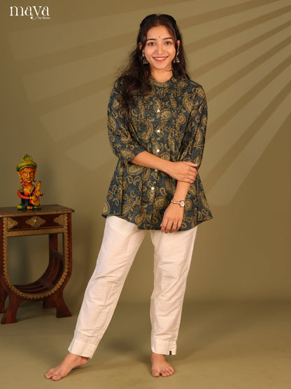Floral Printed Blue Cotton Short Kurti