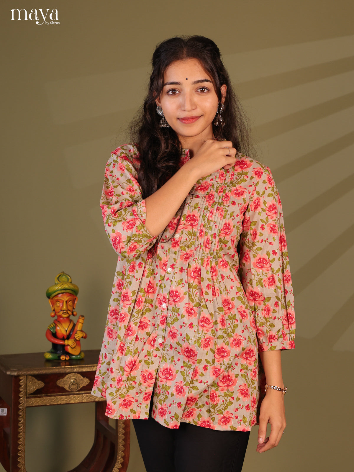 Floral Printed Grey Cotton Short Kurti