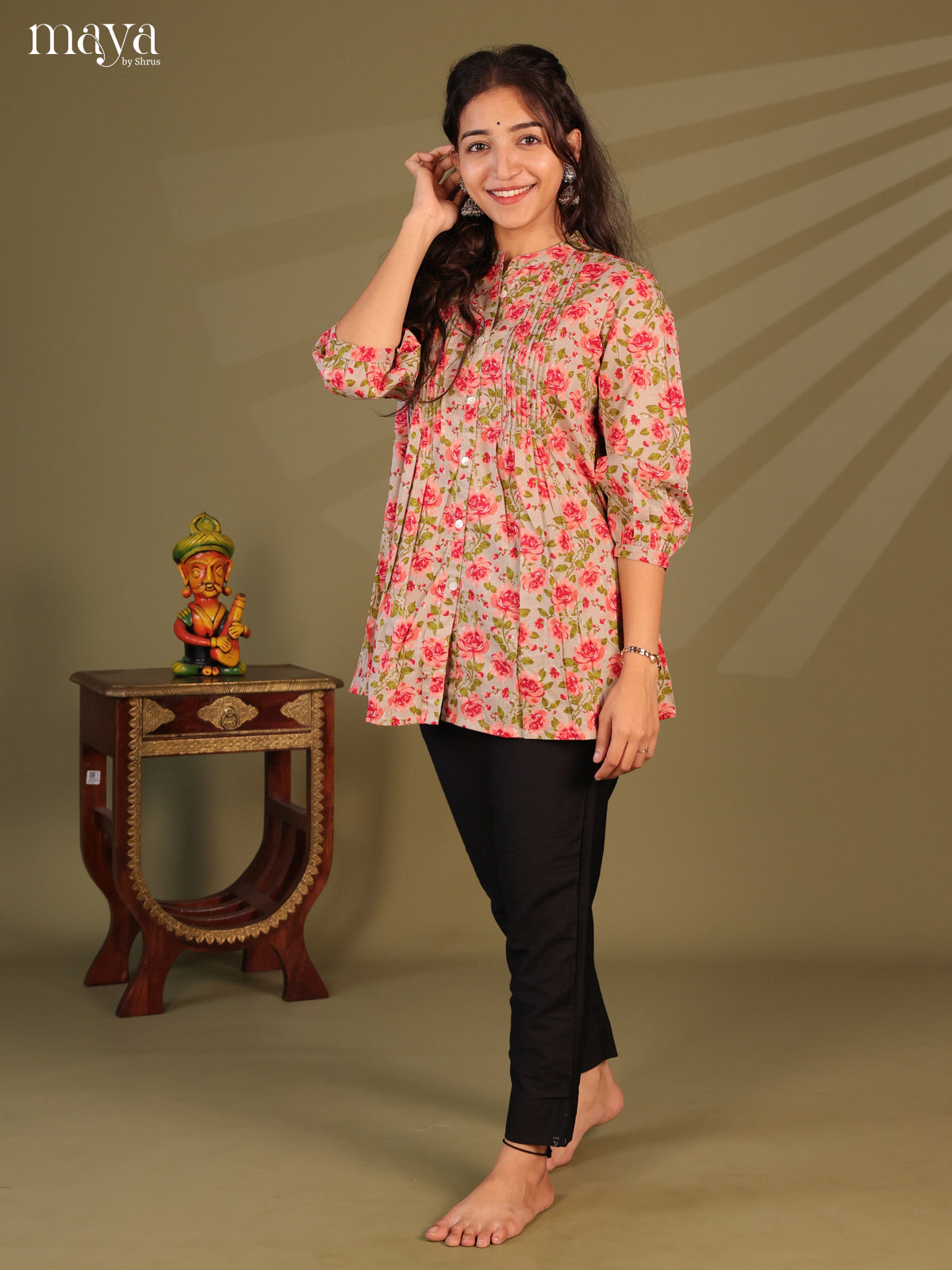Floral Printed Grey Cotton Short Kurti
