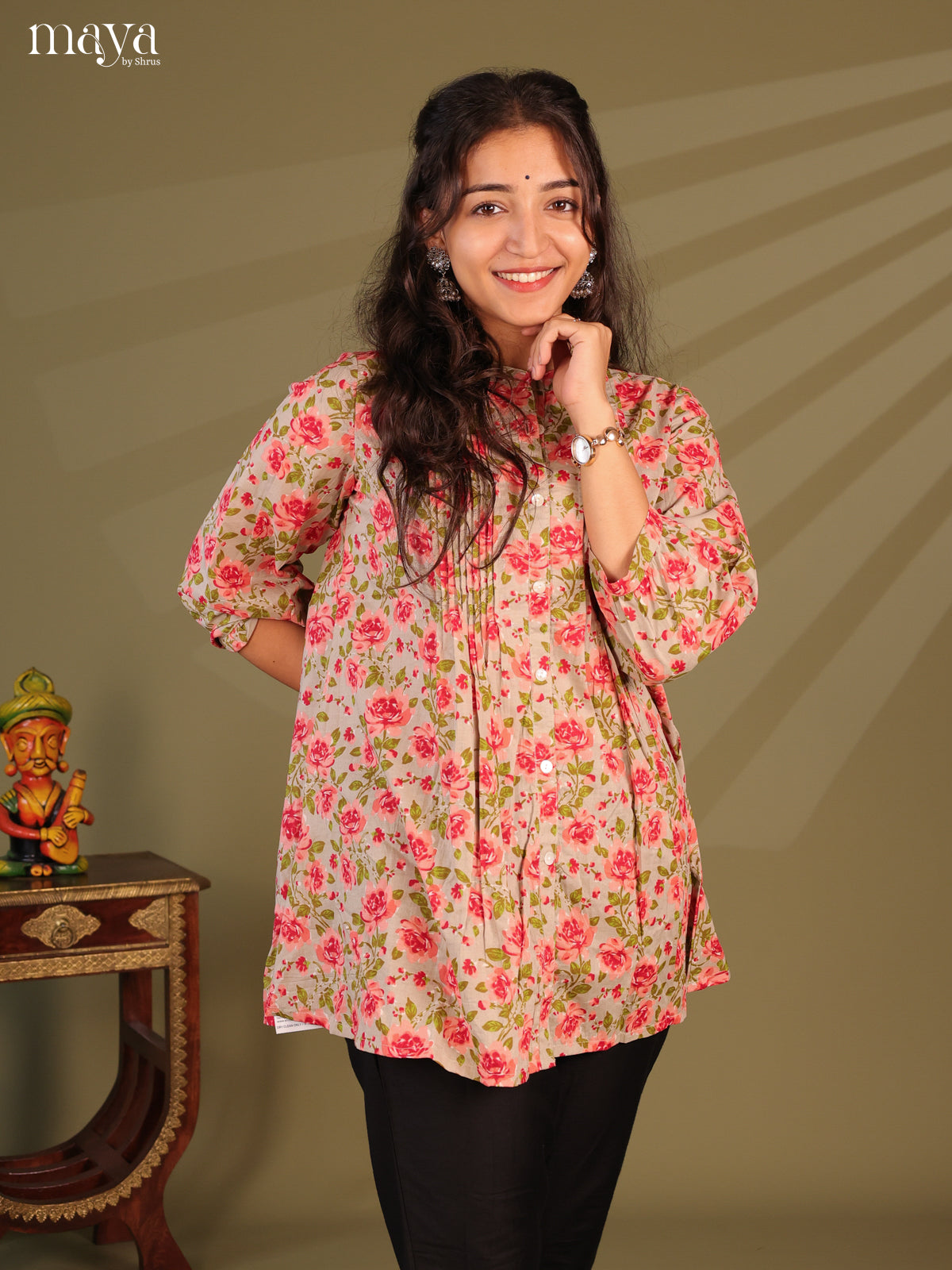 Floral Printed Grey Cotton Short Kurti