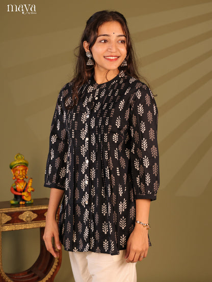 Floral Printed Black Cotton Short Kurti