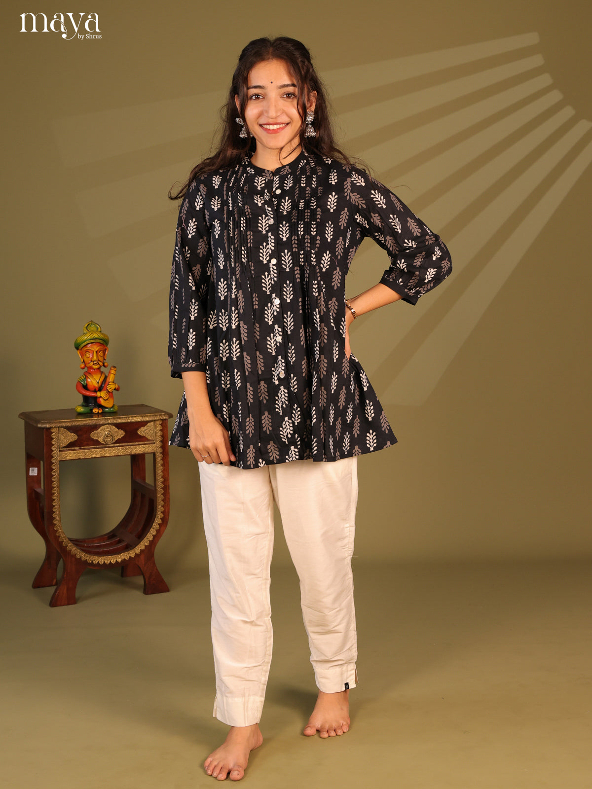 Floral Printed Black Cotton Short Kurti