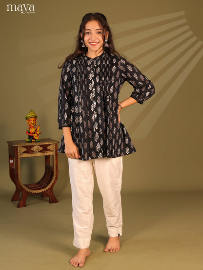 Floral Printed Black Cotton Short Kurti