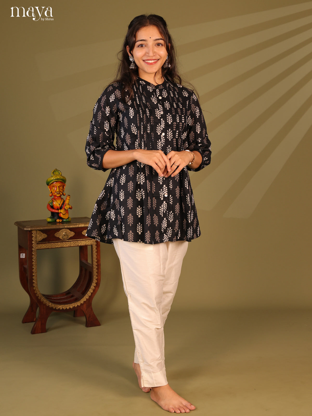 Floral Printed Black Cotton Short Kurti