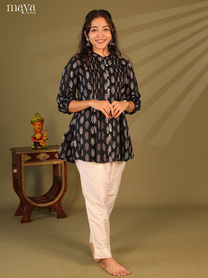 Floral Printed Black Cotton Short Kurti