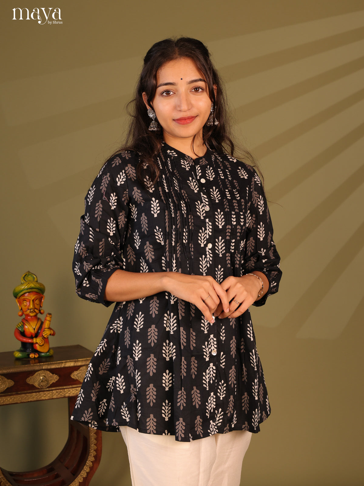 Floral Printed Black Cotton Short Kurti
