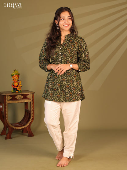 Floral Printed Green Rayon Short Kurti