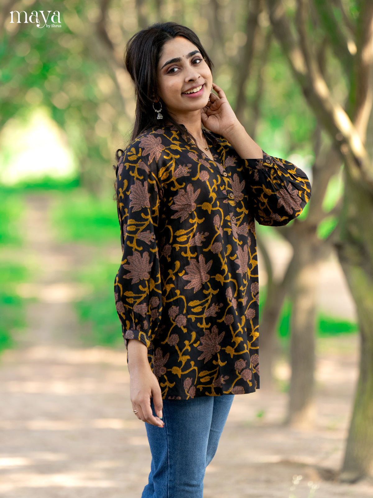 Floral Printed Brown Rayon Short Kurti