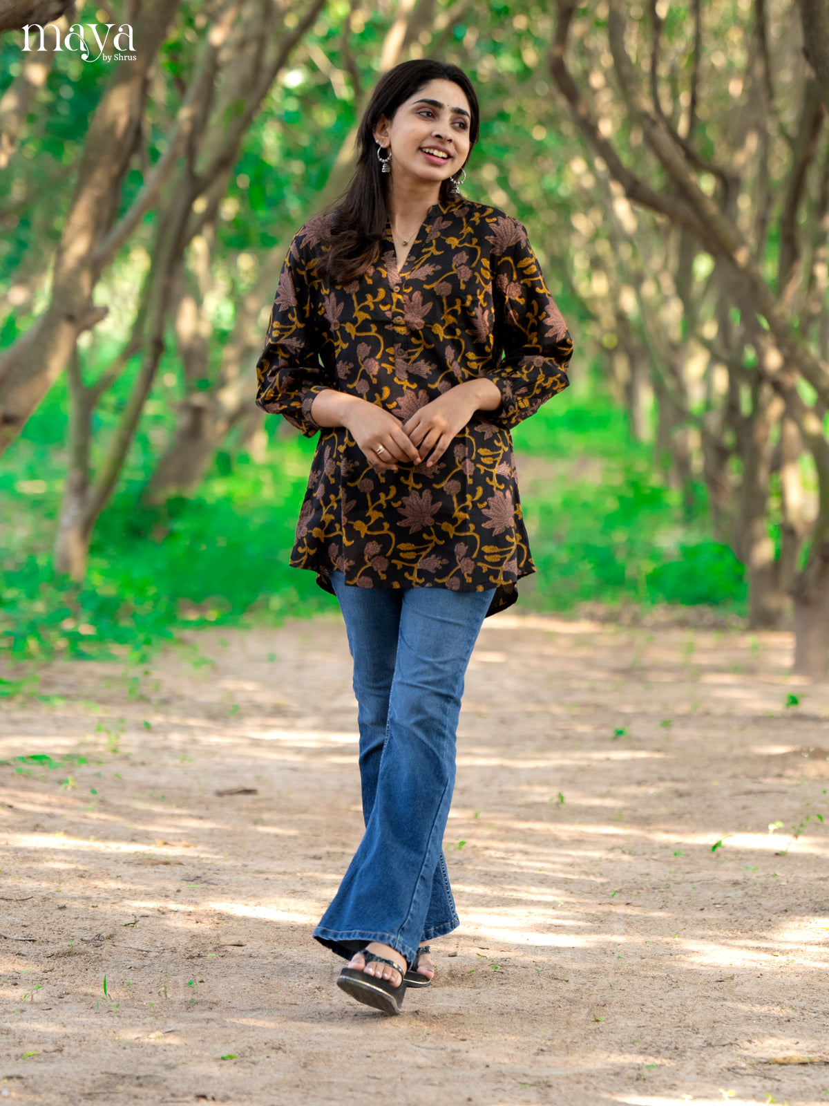 Floral Printed Brown Rayon Short Kurti