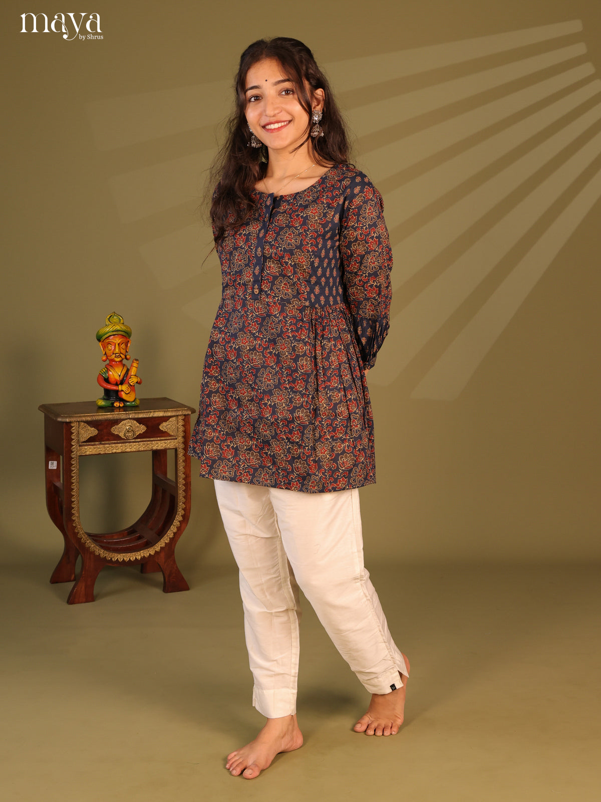 Floral Printed Blue Cotton Short Kurti