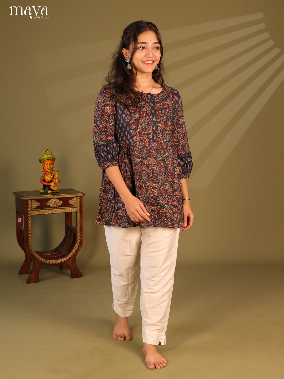 Floral Printed Blue Cotton Short Kurti