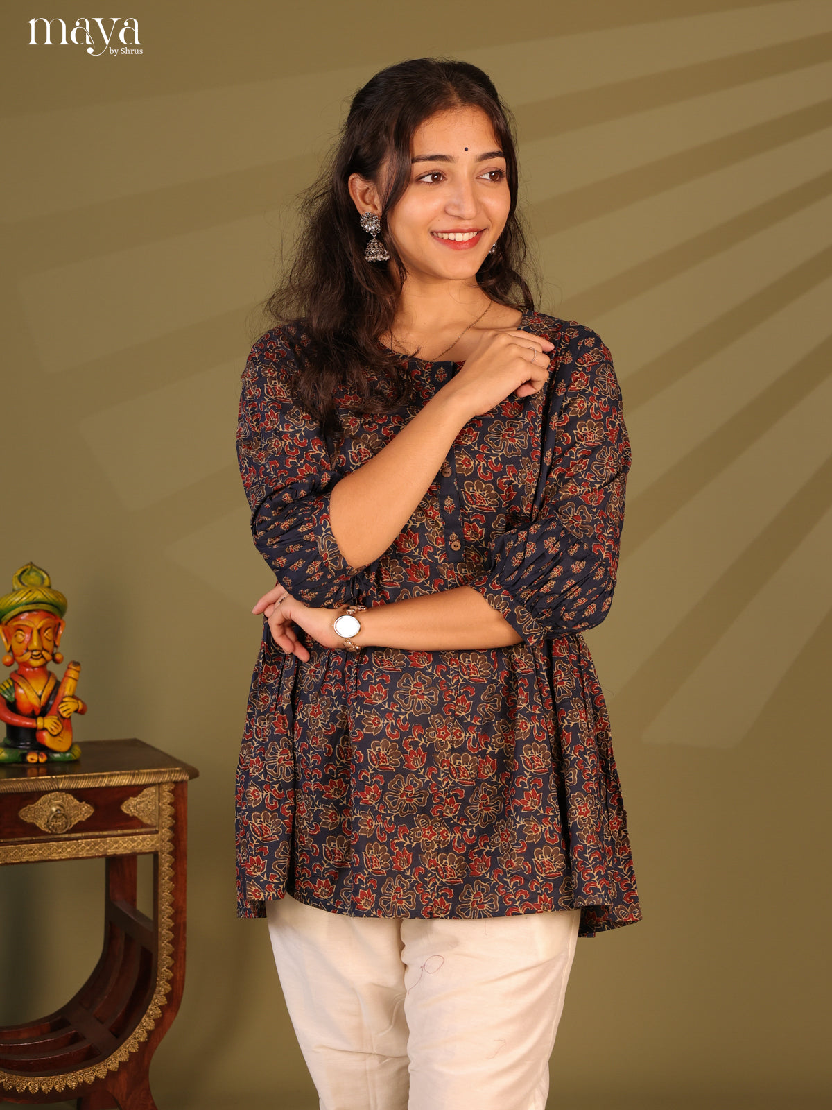 Floral Printed Blue Cotton Short Kurti