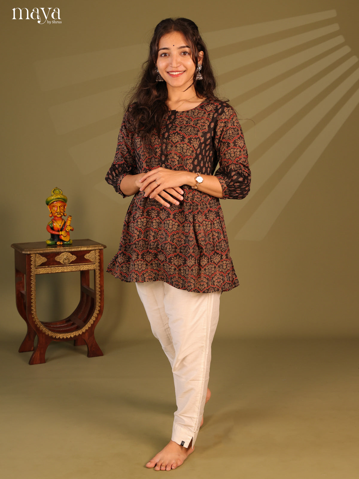 Floral Printed Black Cotton Short Kurti